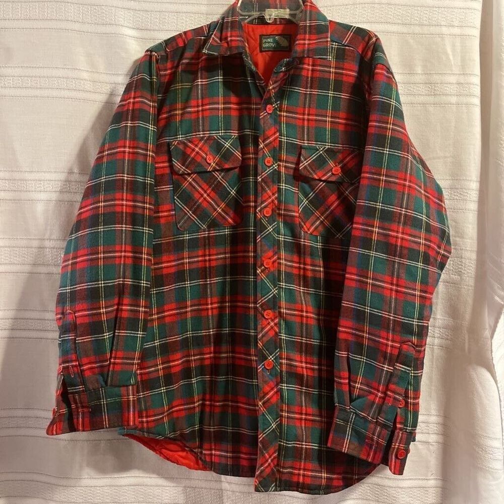 Pine Grove Mens Shirt Jacket Red Green Plaid Button Flap Pockets Lined Collar M